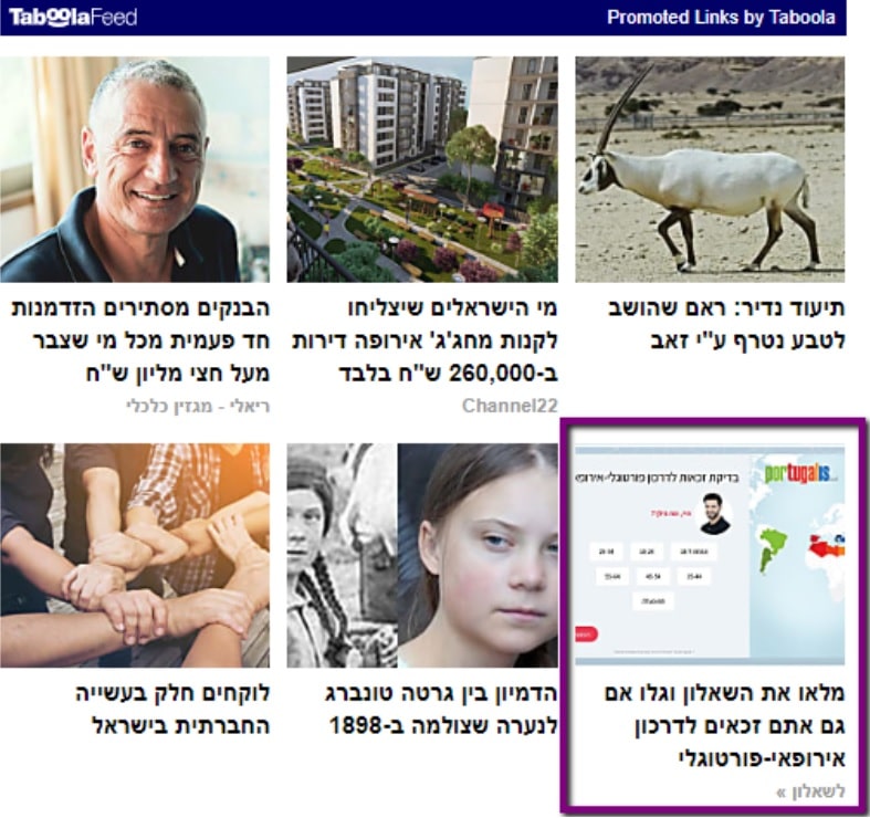 תצוגה של מודעה בטאבולה - פיד